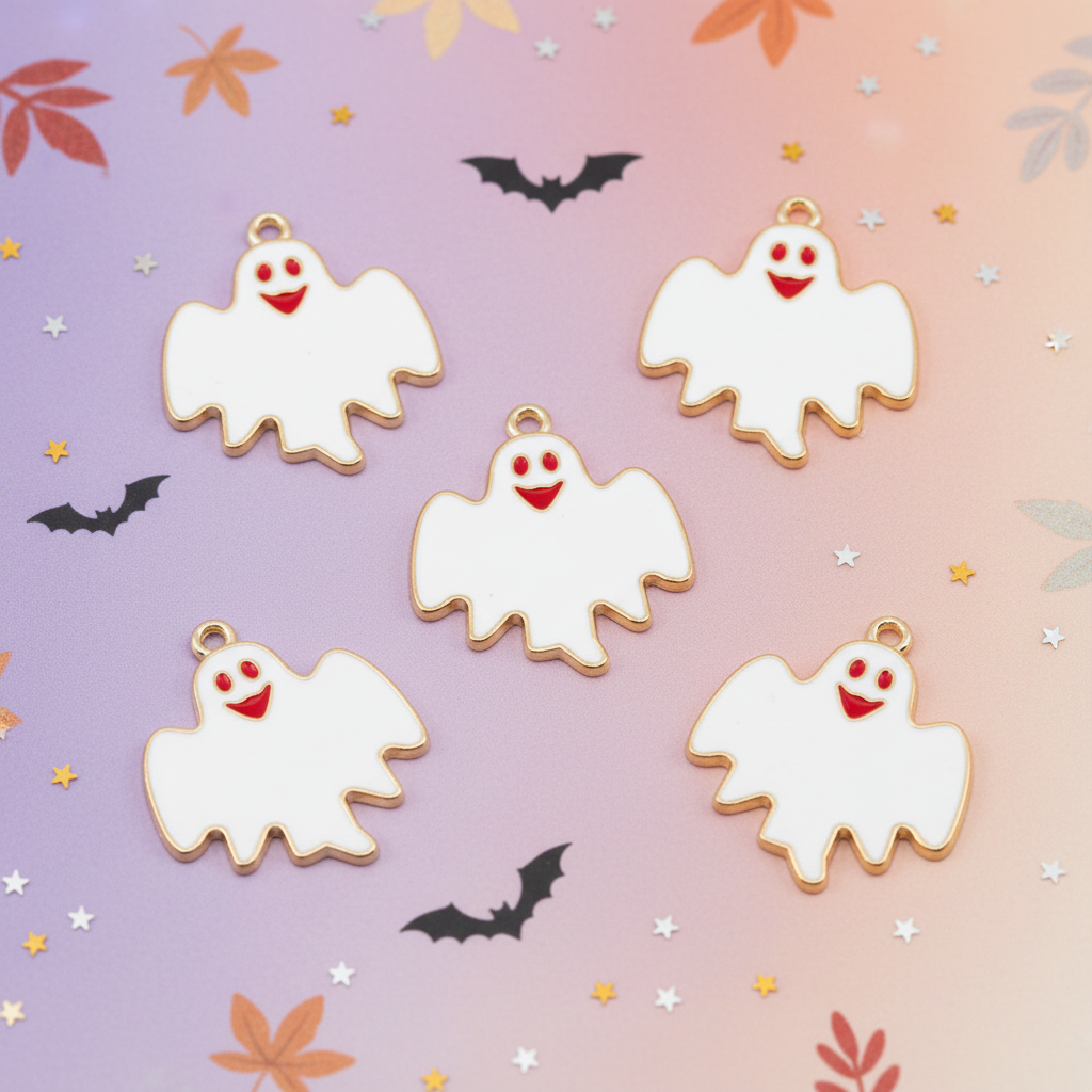Five white ghost-shaped charms with gold trim and a red smiling face are arranged on a pastel pink-to-purple background with Halloween-themed decorative elements like bats, leaves, stars, and confetti.