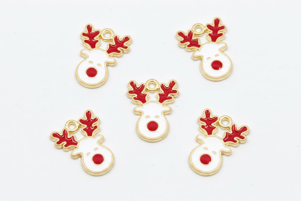 Five Christmas reindeer head charms with red antlers and red noses on a white background.