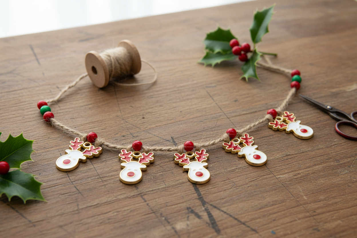 A Christmas-themed garland made of natural jute rope, featuring five white reindeer ornaments with red antlers and red berries, displayed on a wooden tabletop with holly leaves, a spool of thread, and scissors.