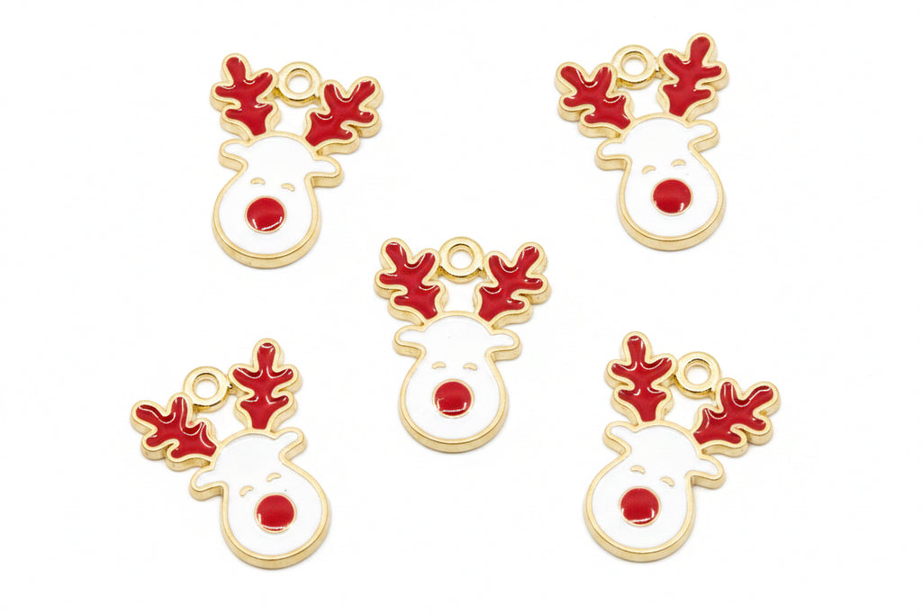 Five Christmas reindeer head charms with red antlers and red noses on a white background.