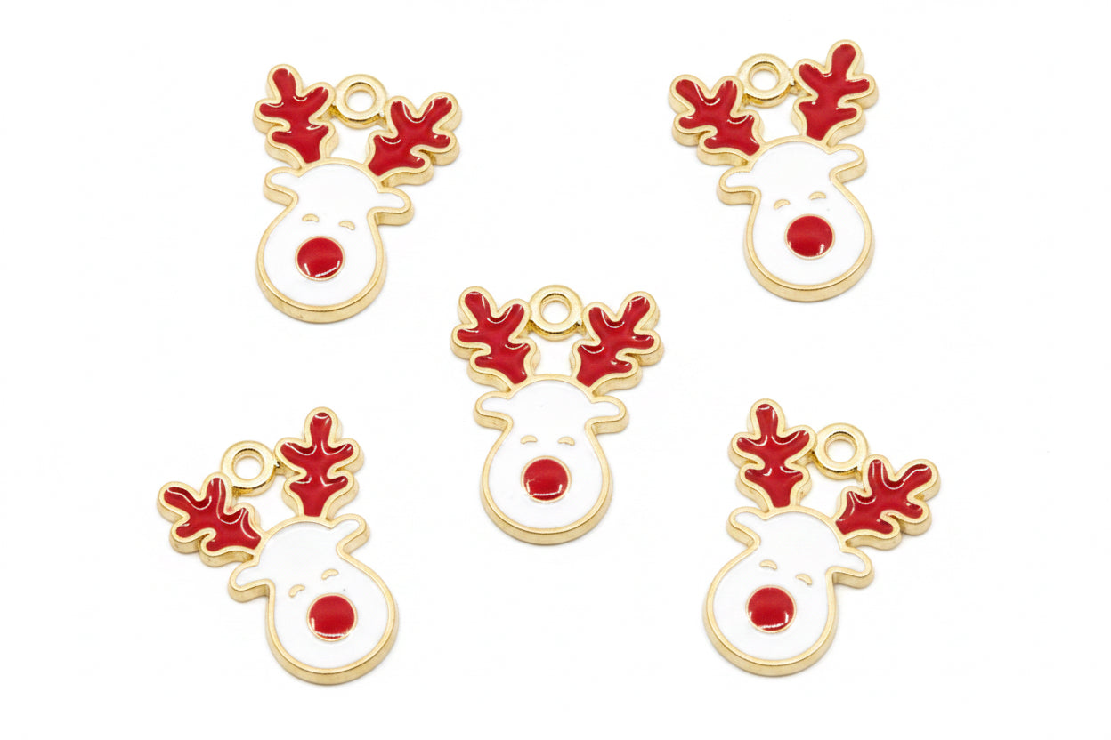 Five Christmas reindeer head charms with red antlers and red noses on a white background.