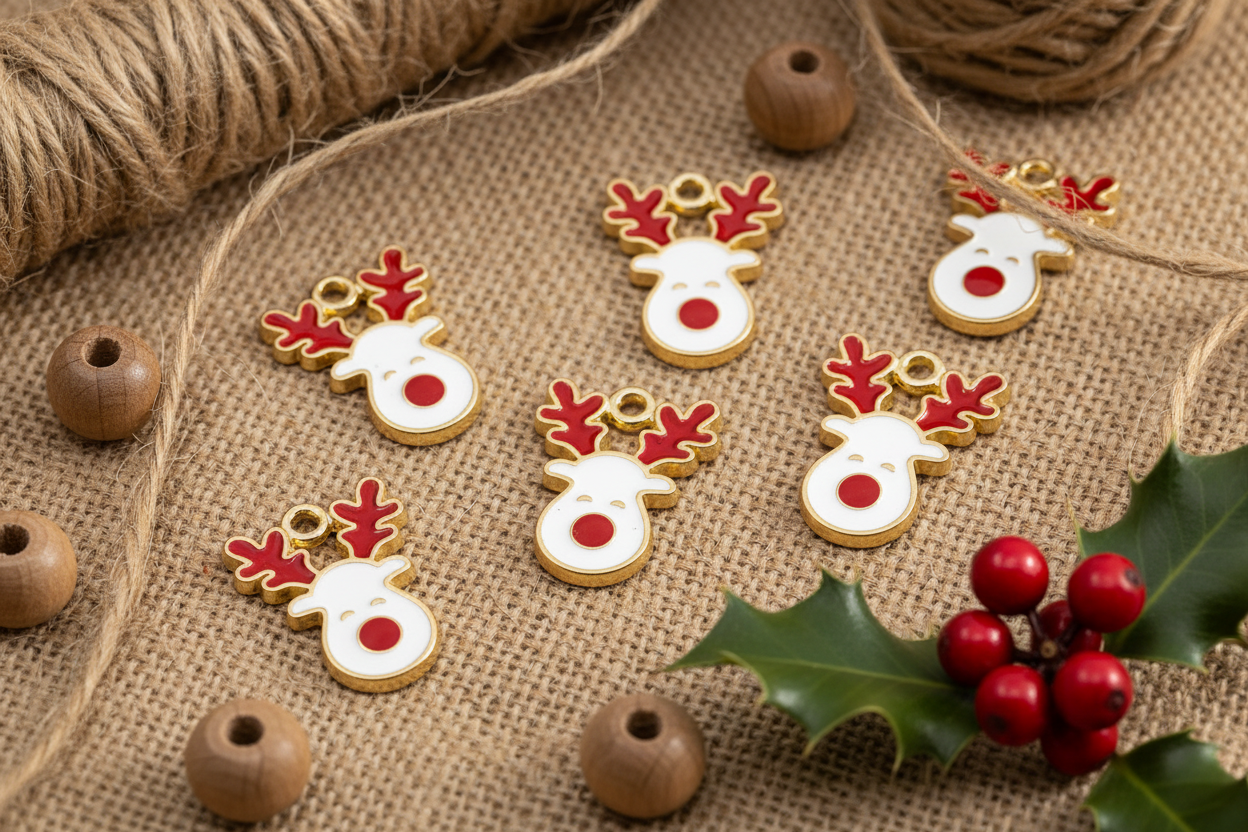 Six Christmas reindeer head charms with white enamel, red accents, and gold-tone metal details, arranged on a burlap surface with twine, wooden beads, and holly leaves and berries.